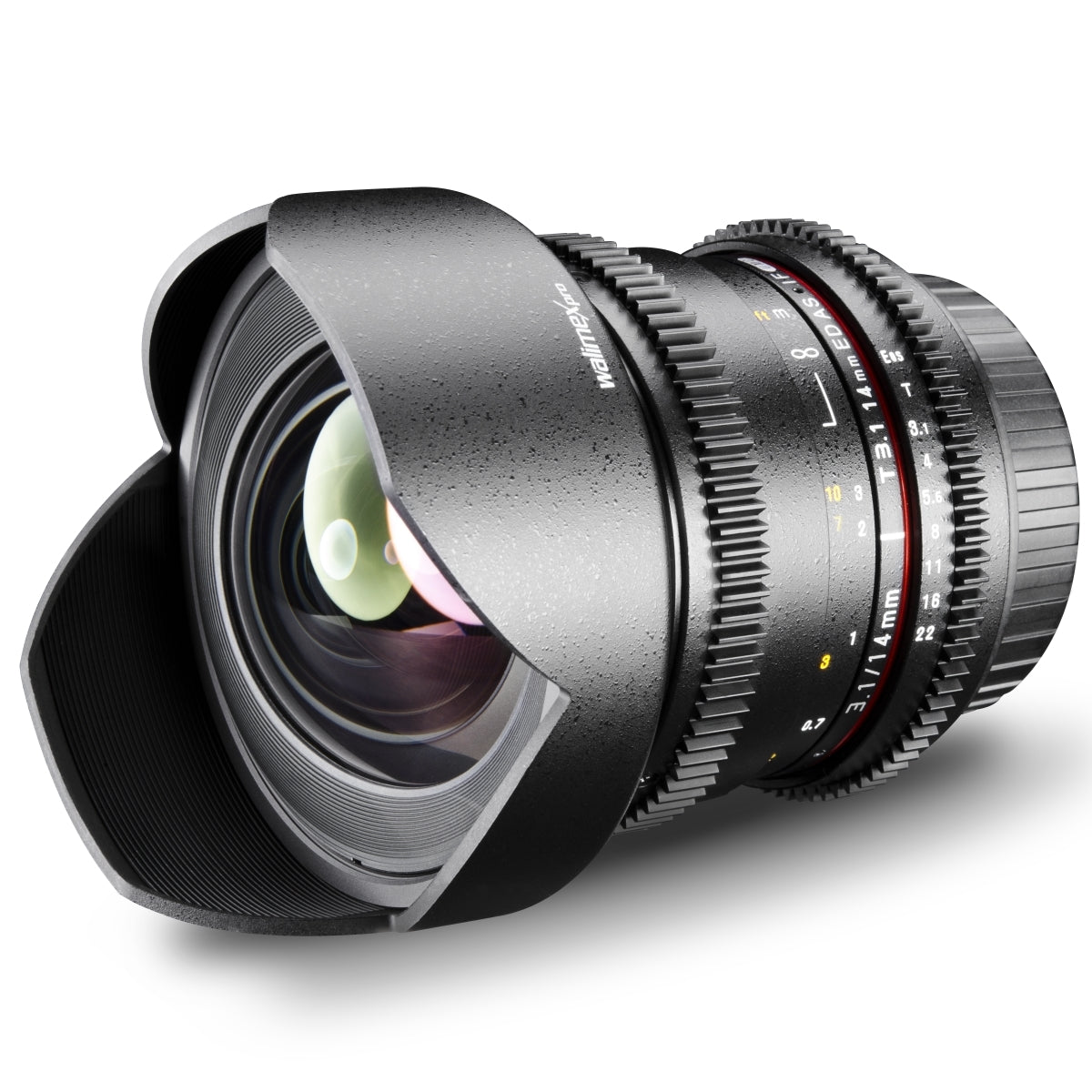Walimex Pro 14mm 1:3.1 obiettivo VDSLR per foto e video (incluso paraluce fisso, IF, ghiera ingranaggi, apertura e messa a fuoco continua, grandangolo) per obiettivo Nikon F baionetta nera