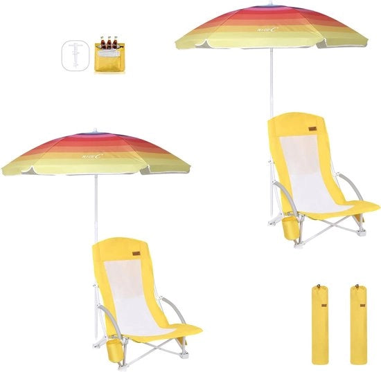 Sedia da spiaggia, sedia da campeggio, sedie da spiaggia per adulti, con parasole UPF 50 e sacchetto termico, outdoor, 2 o giallo