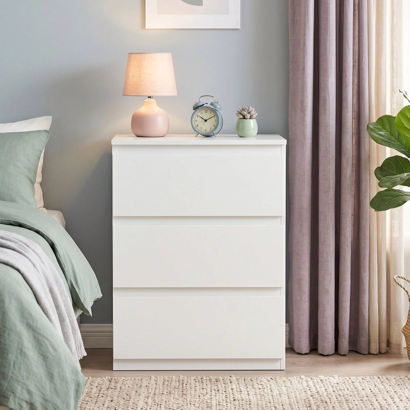 Comò con 3 cassetti senza maniglie e finitura opaca per camera da letto, bianco, 75 × 55 × 34 cm