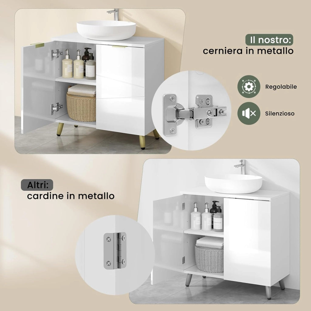 Mobile Sottolavabo per Bagno, Armadietto Sotto Lavandino da Terra a 2 Ante, Mobiletto Copricolonna in Legno, con Ripiano Regolabile e Foro per Sifone, Bianco Lucido, 60x30x60cm