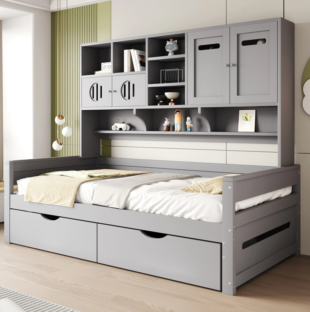 Letto multifunzione 90x200 cm con 2 cassetti e vano contenitore; grigio