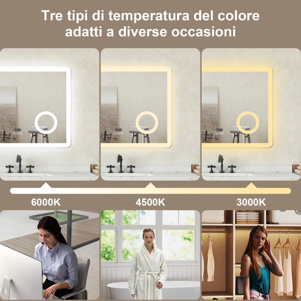 Specchio bagno Rettangolare 140x80cm Led Con 3 Luci + 3X Lente d'ingrandimento + Bluetooth + Orologio + Antiappannamento
