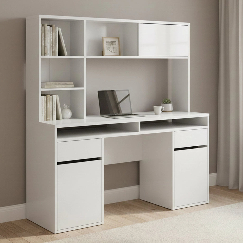 Scrivania Ambrenti, Scrittoio multiuso, Tavolo per ufficio porta PC, Piano di lavoro, 149x48 h156 cm, Bianco lucido
