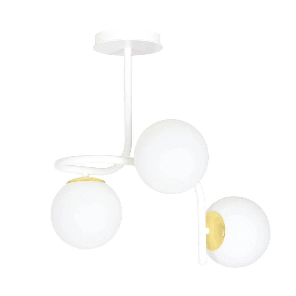 Lampadario 3 Luci Kalf In Acciaio Bianco A Bracci E Sfere In Vetro Opalino E Oro