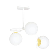 Lampadario 3 Luci Kalf In Acciaio Bianco A Bracci E Sfere In Vetro Opalino E Oro