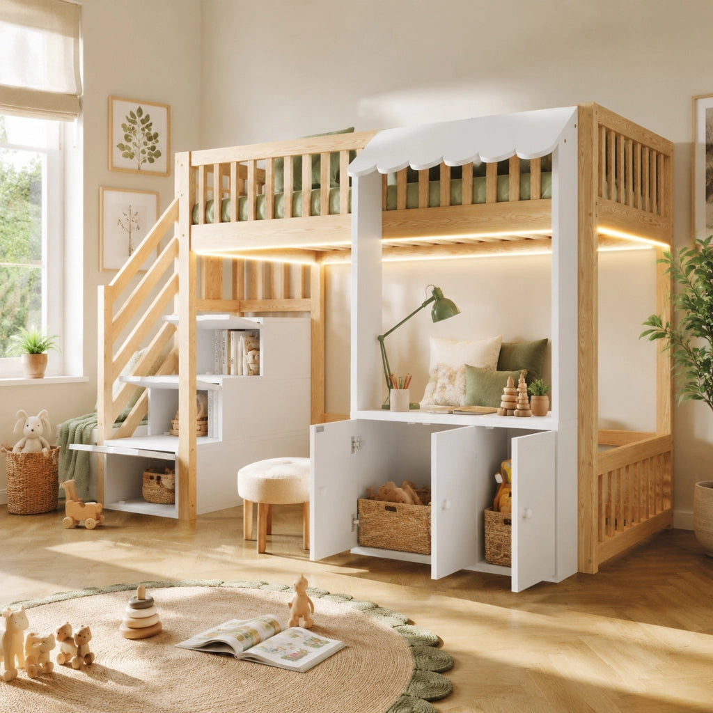 Letto a soppalco 90x200 cm con scala contenitore e luci colorate
