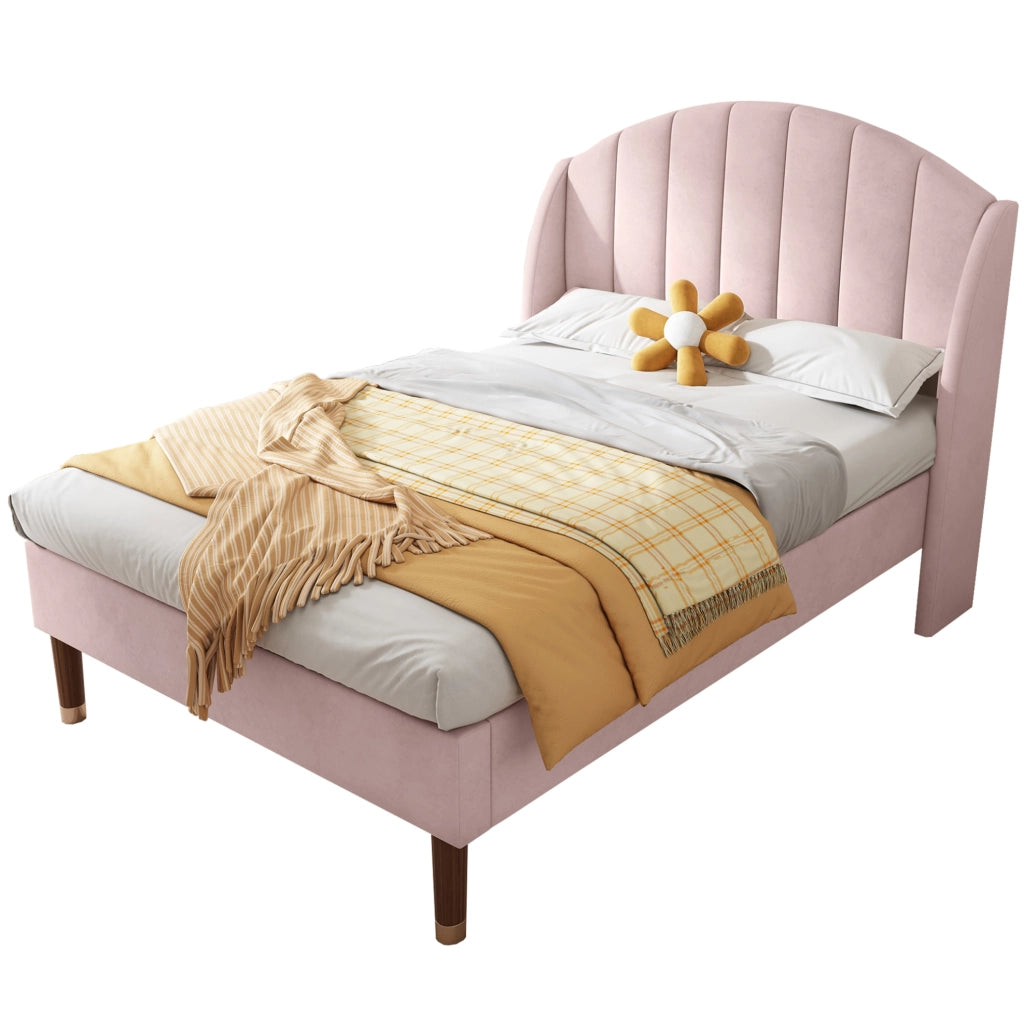 Letto imbottito rosa in velluto 90 x 200 cm con rete e testiera