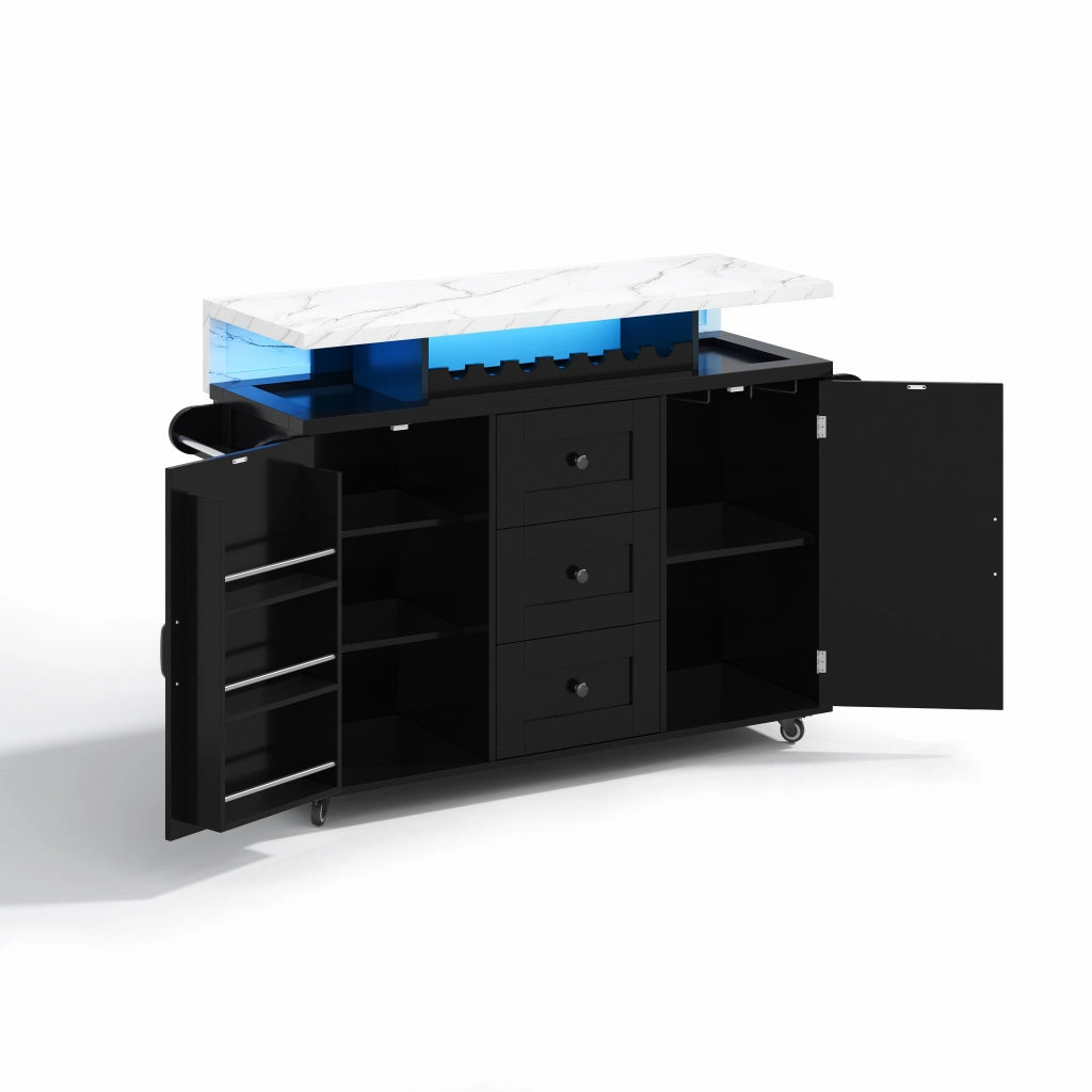 Isola cucina mobile con piano ribaltabile, LED RGB, 2 ante, 3 cassetti e portabicchieri 138x60x93 cm nera