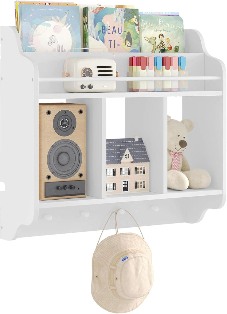 Scaffale per Bambini, Scaffale a Muro per Libri, Scaffale a Muro per Libri, Unità di Archiviazione con 3 Cubi Aperti, 4 Pomelli per Appendere, Mobili per Asilo Nido, Bianco