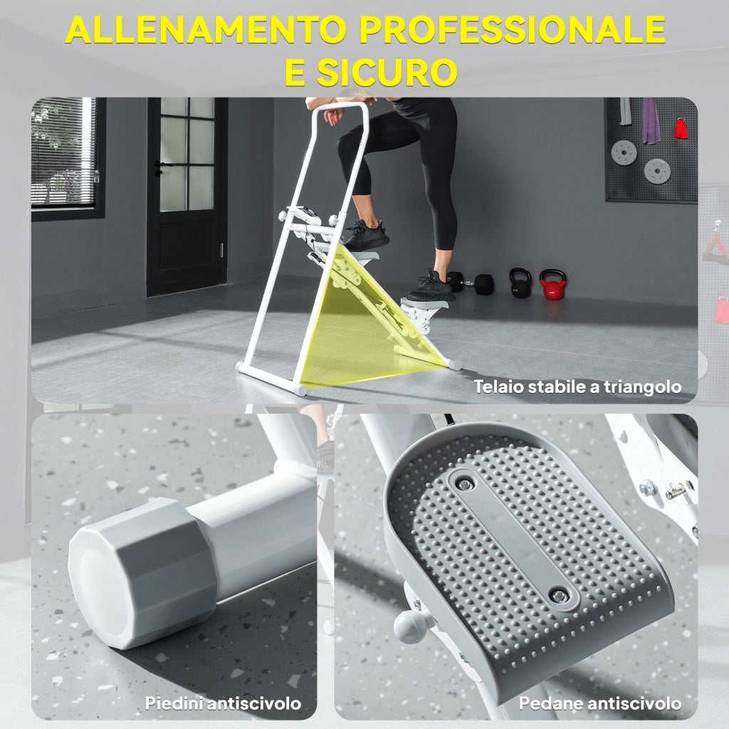 Stepper Vertical Climber Pieghevole con Impugnatura Regolabile, Pedali Antiscivolo e Monitor LCD, Bianco