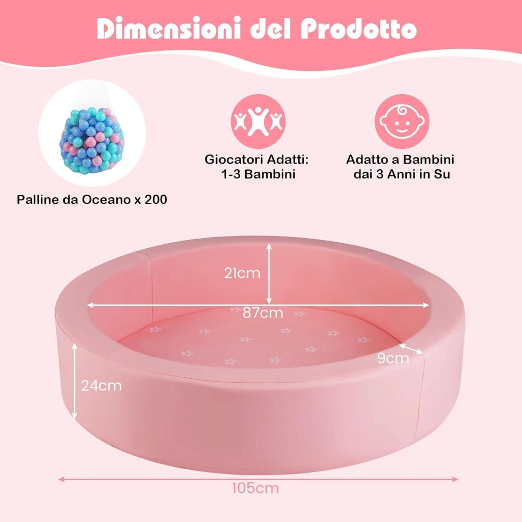Piscina di Palline per Bambini, Vasca Rotonda con 200 Palline Colorate, Sacchetto in Rete e Copertura Rimovibile, Piscinetta in Morbida Schiuma per Soggiorno e Camera di Bambino (Rosa)