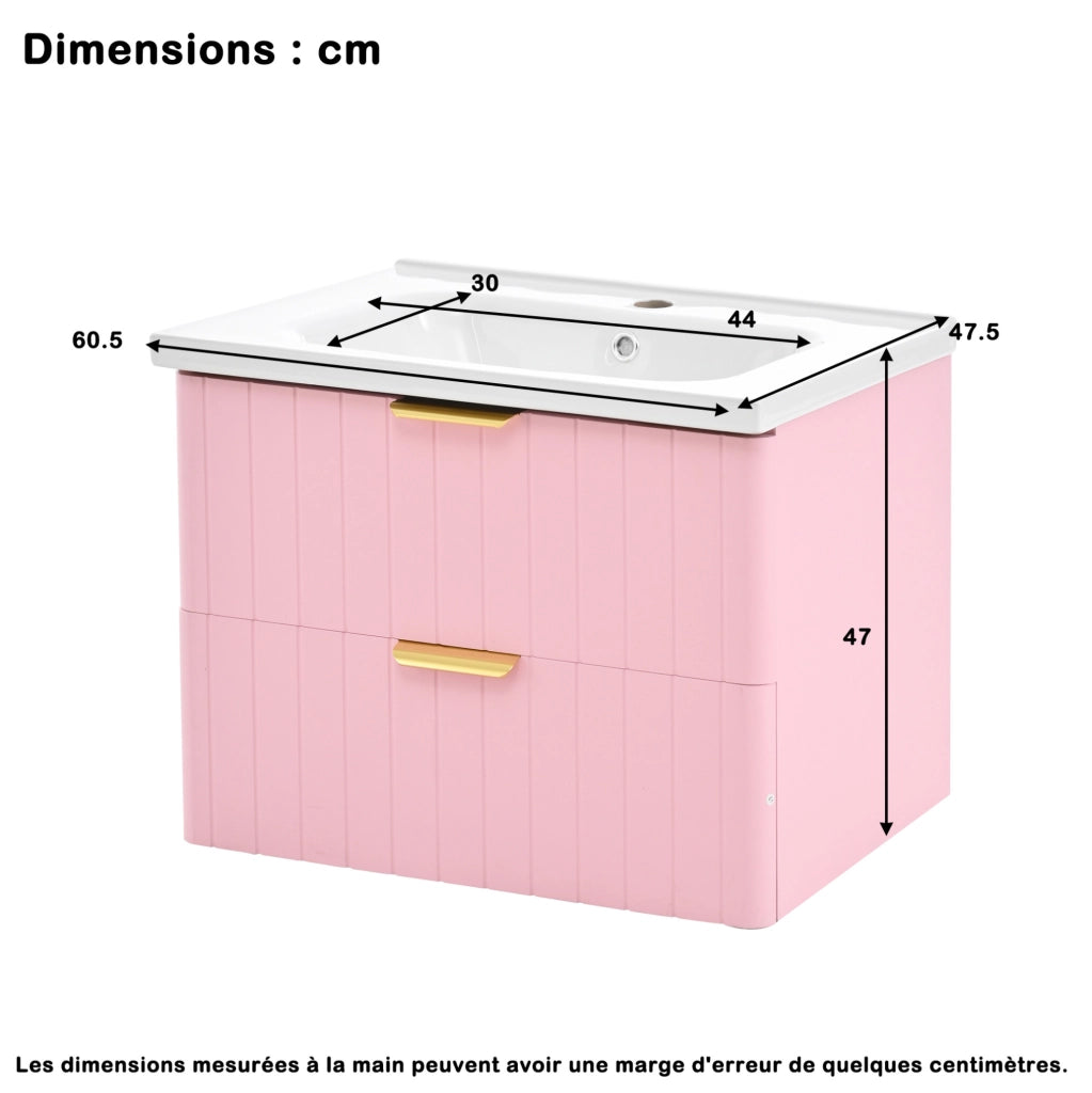 Mobile bagno sospeso con lavabo in ceramica; doppio ripiano; MDF rosa e bianco; 60;5 cm