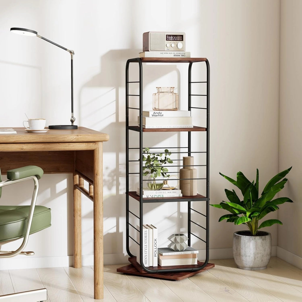Libreria Verticale Girevole a 360° a 4 Ripiani, Scaffale Salvaspazio con Robusto Telaio in Metallo e Piedini Antiscivolo, Mobile Multifunzionale per Soggiorno e Studio (Bianco + Naturale)