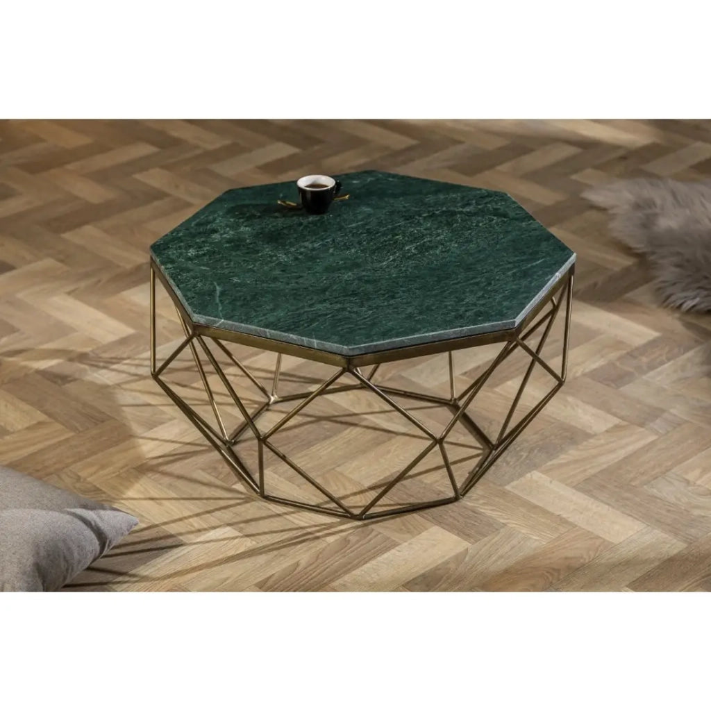 Table bassa NEXORA 70 cm in marmo verde e ferro finitura ottone design geometrico
