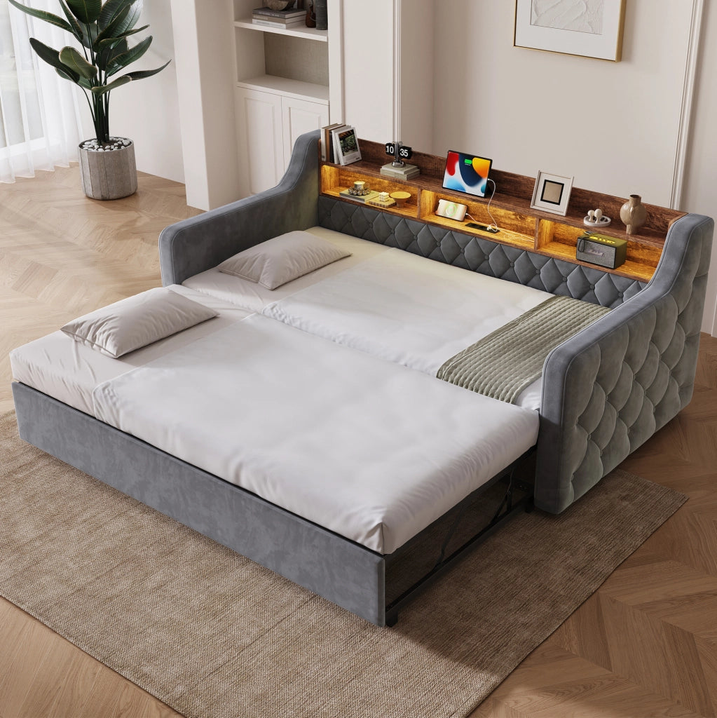 Divano letto 90x190 cm estraibile con testiera portaoggetti; LED e USB in velluto grigio scuro
