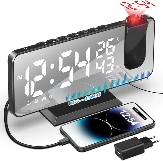 Alarme con Projector 180°, Radiowecker Digitale, Alarme per Notte con FM Radio, Luminosità Regolabile, 12/24 Ore, Display Temperatura, 2 Allarmi, Timer e Uscita USB per Ricarica
