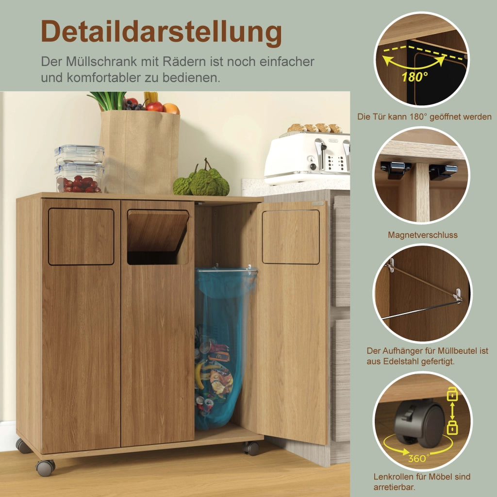Mobile contenitore con 3 vani; ruote e ante a 180° - per cucina - 69.3×35×80.3 cm - naturale
