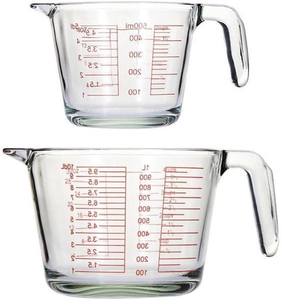 Confezione di 2 Bicchieri di Misura - Bicchieri di Misura in Vetro - Bicchiere di Misura con Scala - Bicchiere di Misura in Vetro Termoresistente - Bicchiere di Misura per Caffè - Utensili e Ciotole da Cucina