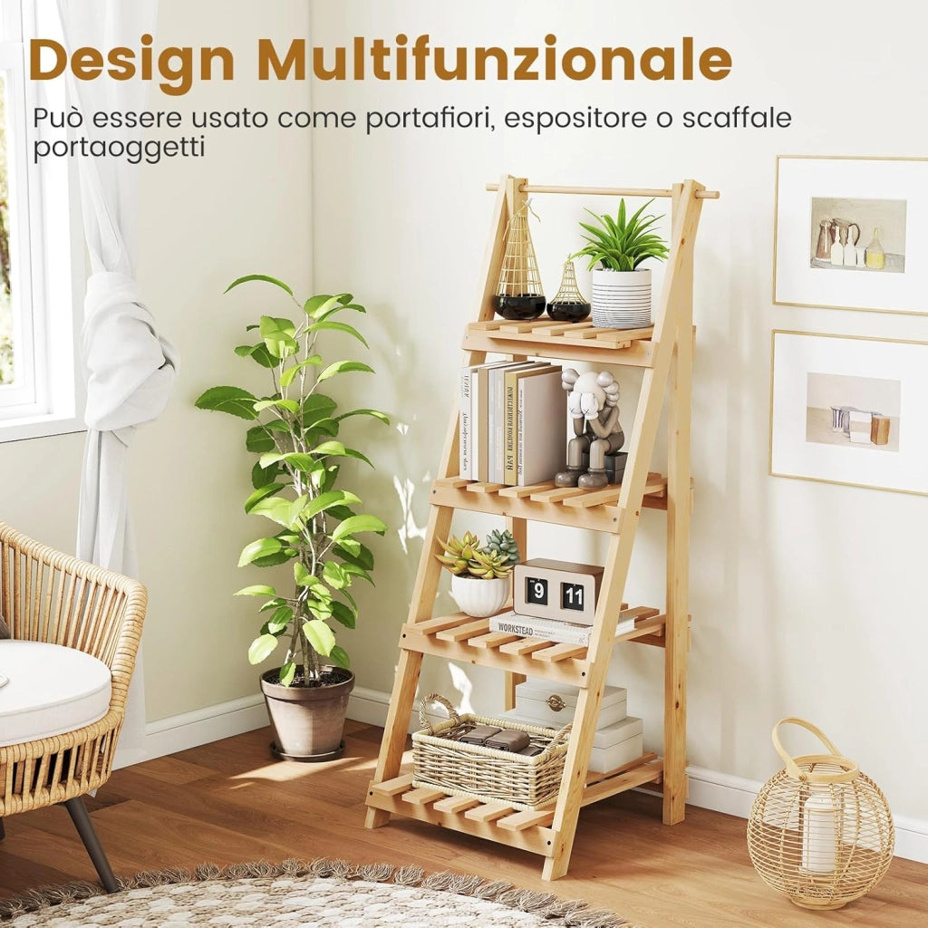 Scaffale Porta Piante a Scala Pieghevole, Scaffale per Vasi in Legno a 4 Livelli, Supporto Porta Fiori da Interno ed Esterno, Soggiorno Camera da Letto, Balcone
