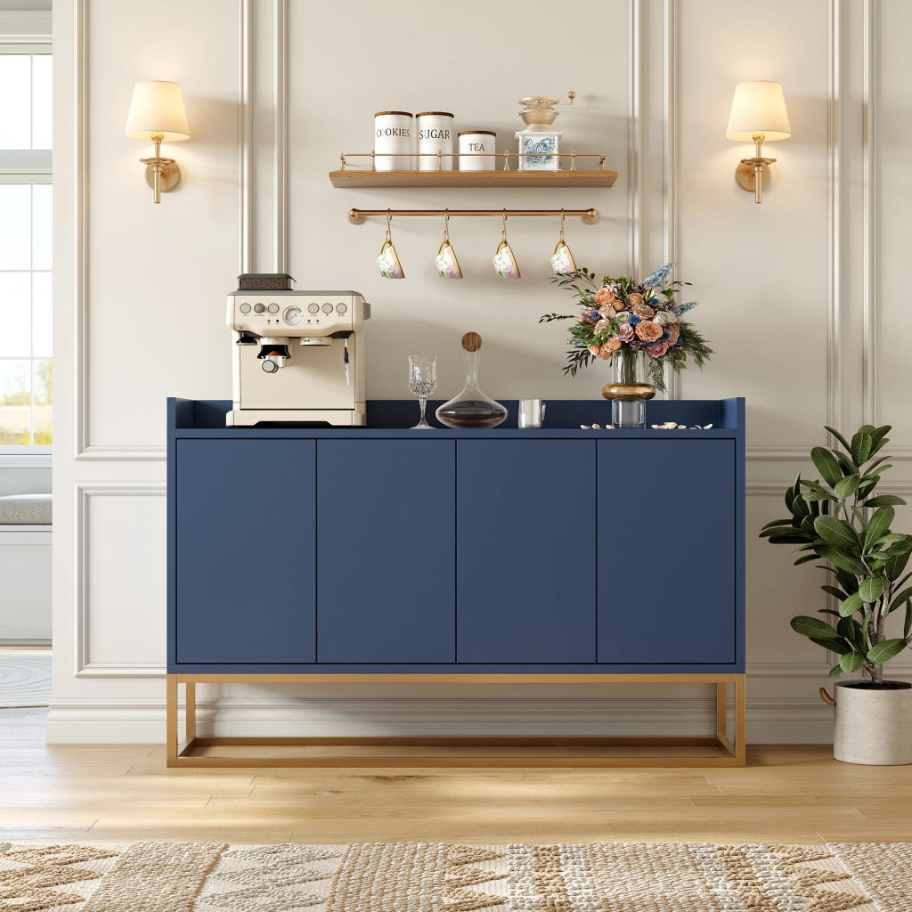 Credenza buffet 120cm blu marino, mobile soggiorno pannello di particelle con base metallo oro, 4 ante push‑to‑open, ripiani regolabili per sala da pranzo ingresso