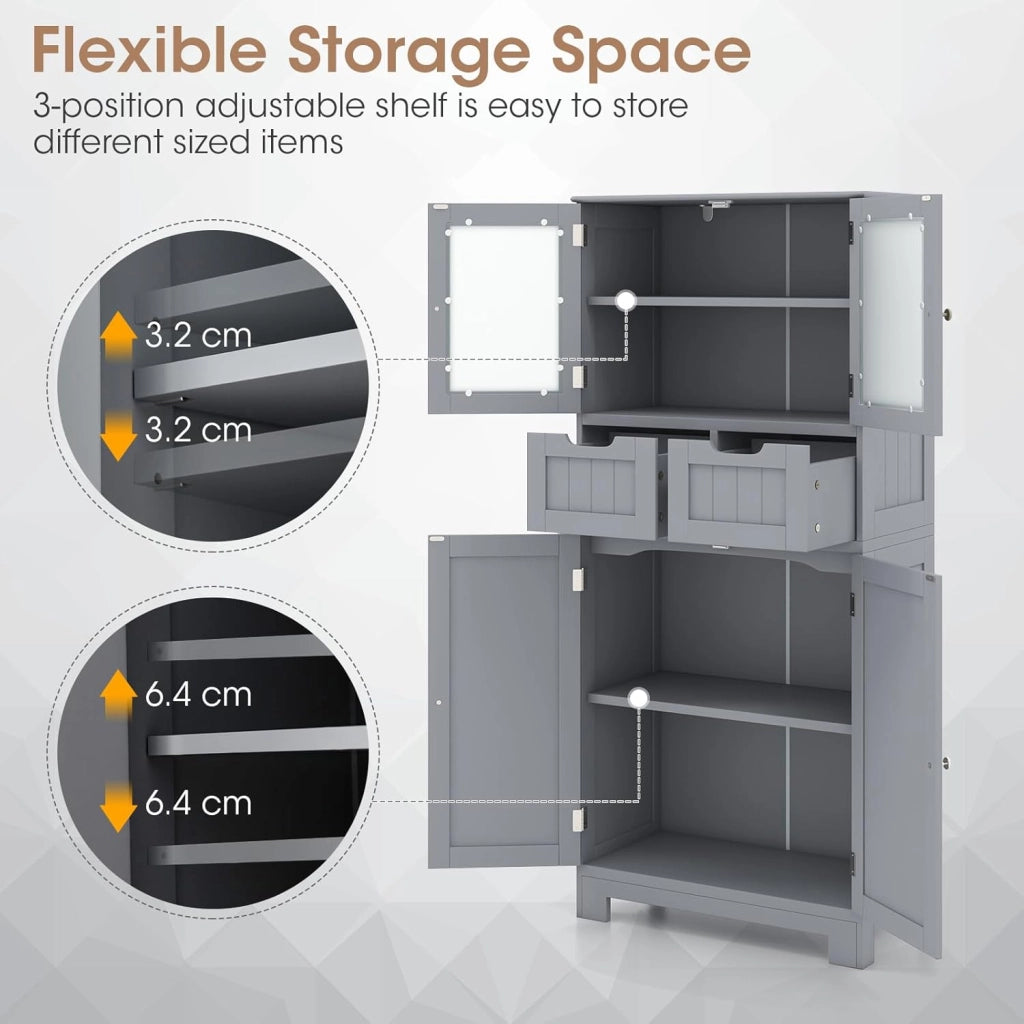 Mobile Bagno con 4 Ante + 2 Cassetti, Armadietto Multifunzione Salvaspazio 60x30x128cm, Design Modulare per Casa, Toilette e Cucina, 2 Colori Scelta & Facile Pulizia