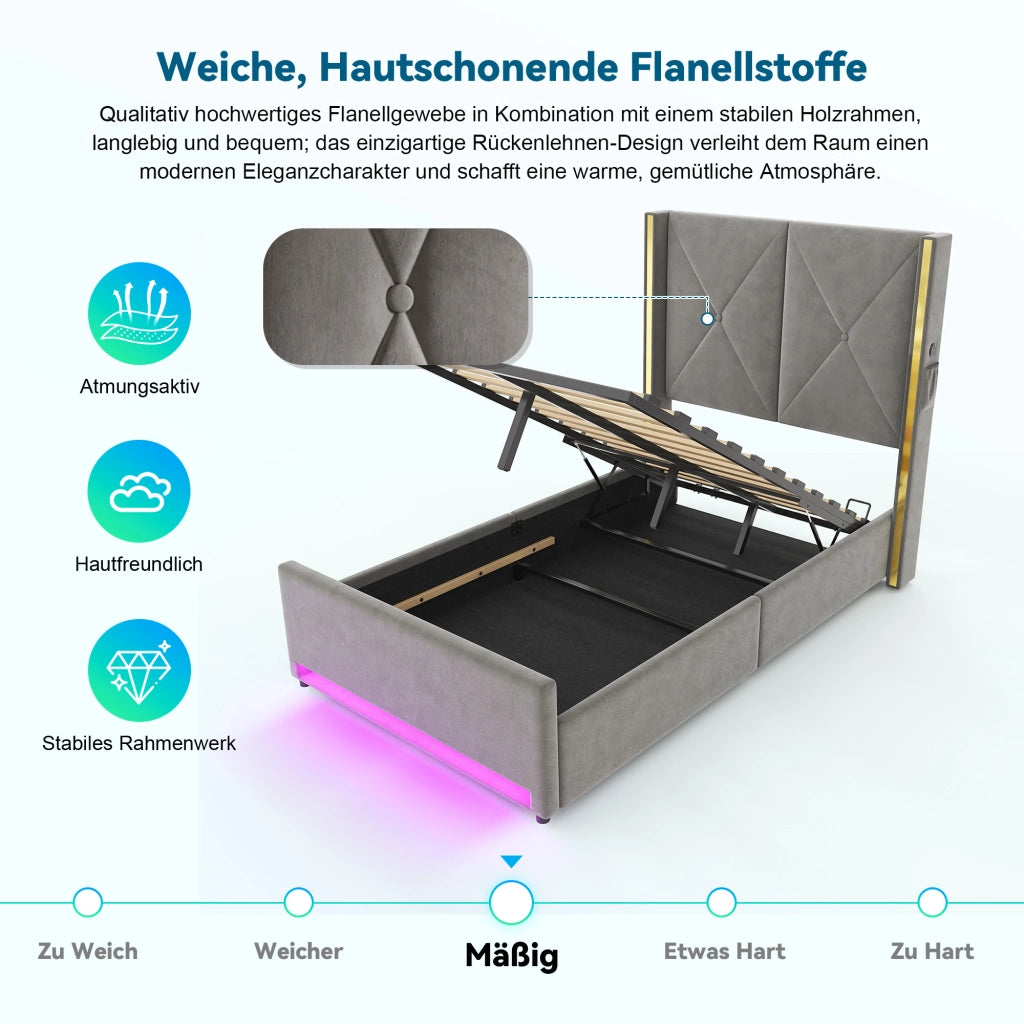 LETTO Contenitore 90x200 cm in velluto grigio scuro con USB, LED e tasche laterali