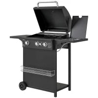 Barbecue a Gas con Bruciatori Indipendenti, Coperchio con Termometro e Tavolino Laterale, Nero