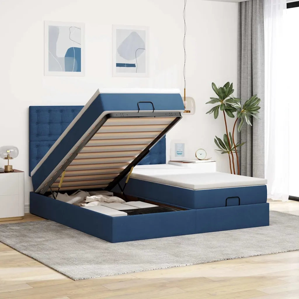 Struttura Letto Pouf con Materassi Blu 200x200 cm in Tessuto