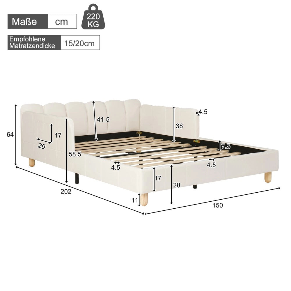 Letto imbottito per bambini 140x190 cm - Zephmum - Testiera e sponde imbottite, velluto, beige