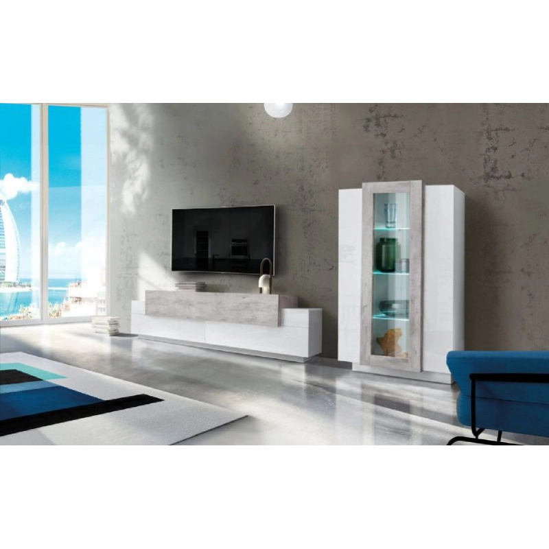Set Soggiorno Coro 200 – Mobile + Vetrina – Bianco e Cemento