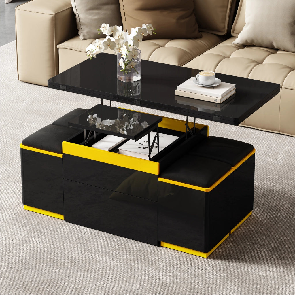 Tavolino da Salotto Sollevabile con 4 Pouf e Contenitore per Soggiorno 100 × 50 × 43 cm