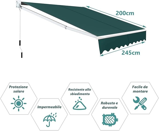 Tenda da Sole per Esterno Avvolgibile, Tenda da Sole a Bracci Estensibili con Telaio in Alluminio e Tettuccio Resistente al Sole e Impermeabile e Manovella (245 x 200 cm,Verde)