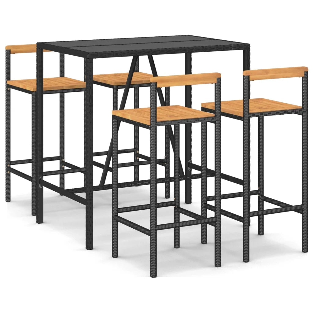 Set Bar Giardino 5 pz Nero Polyrattan e Legno Massello Acaciacod mxl 100686