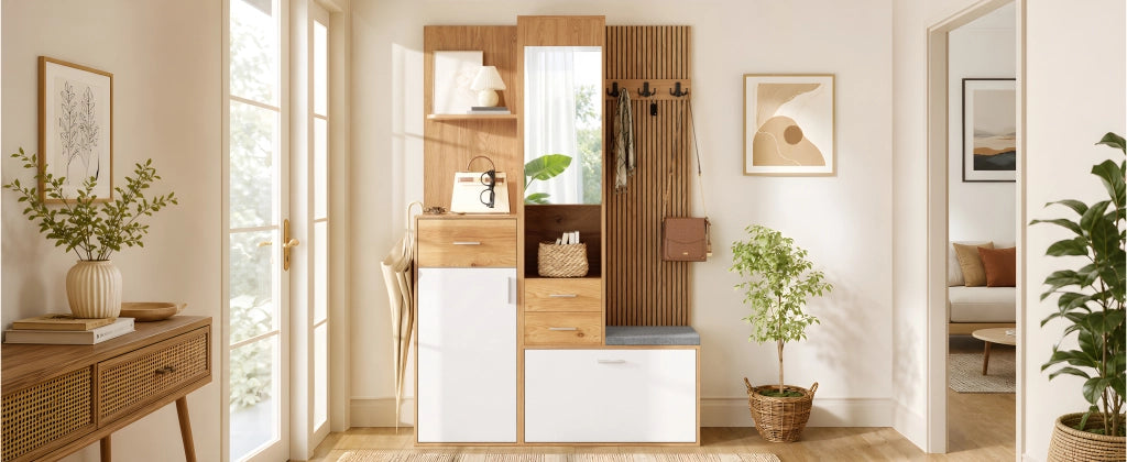 Mobile da ingresso con specchio LED panca appendiabiti e ribalta per scarpe in MDF bianco naturale 120 × 32 × 178 cm