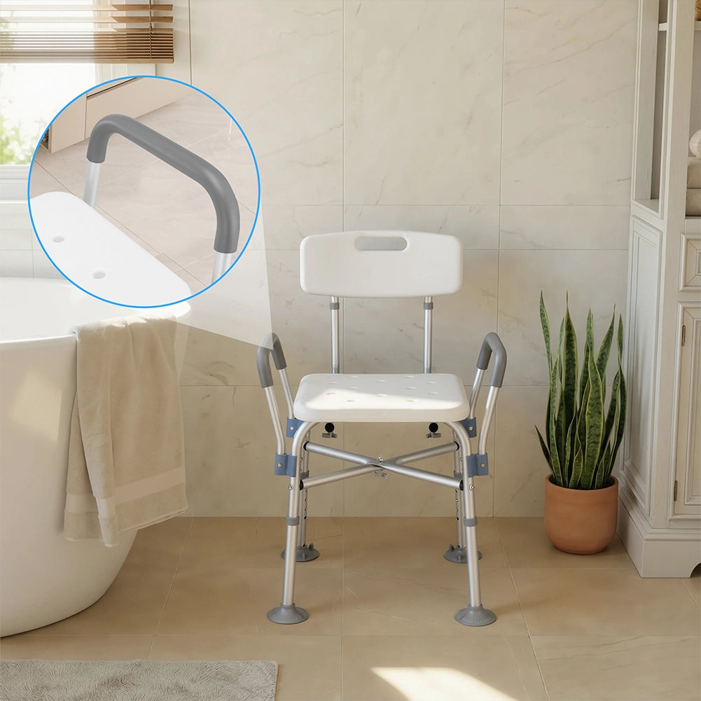 Sedia Sgabello da Bagno Doccia Altezza Regolabile Maniglie Sicurezza in Alluminio e HDPE Bianco