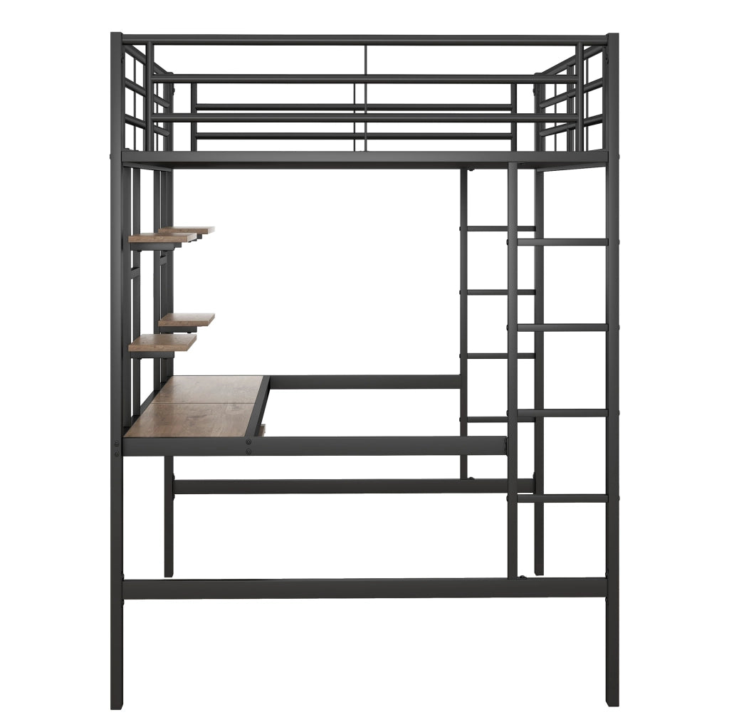 Letto a soppalco in metallo con scrivania e due scaffali, struttura robusta 140x200 cm colore nero