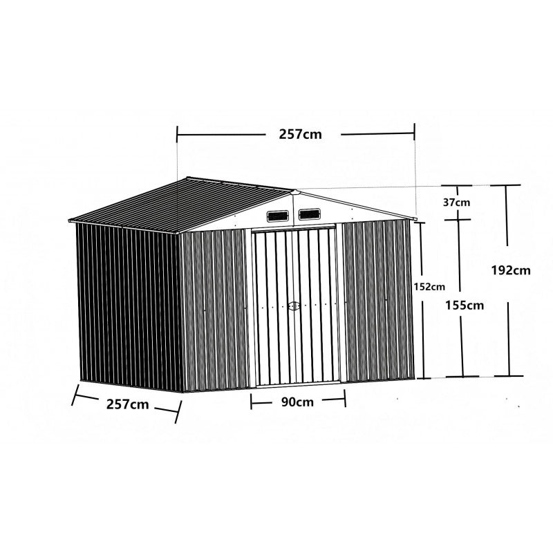 Casetta da giardino in metallo zincato 257x257 cm – Capannone con doppia porta scorrevole rinforzata – Tetto a due falde 6,60 m² – AM2626.2 Foresta