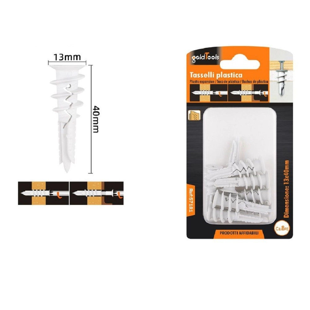 Trade Shop - Set 8 Pezzi Tasselli In Plastica Tassello Fischer Fissaggio Viti 13 X 40mm 57181 -