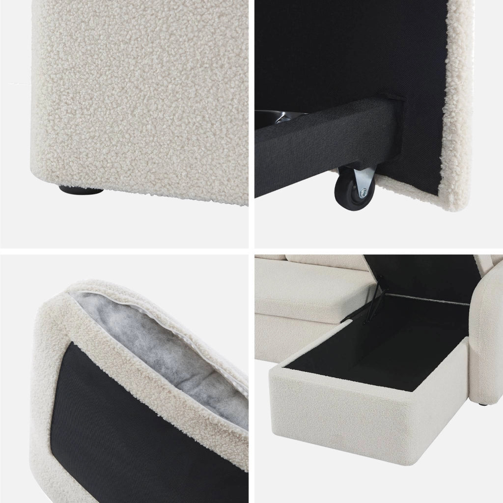 Divano letto angolare reversibile in bouclé con contenitore, 3 posti,
