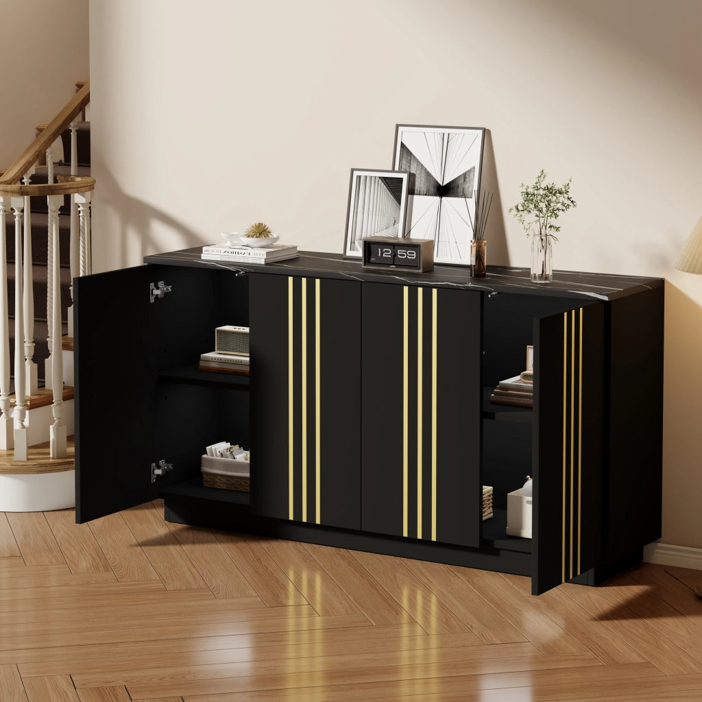 Sideboard da soggiorno con 4 ante, 35 x 140 x 70 cm, nero e oro, in pannello truciolare, con vani interni separati