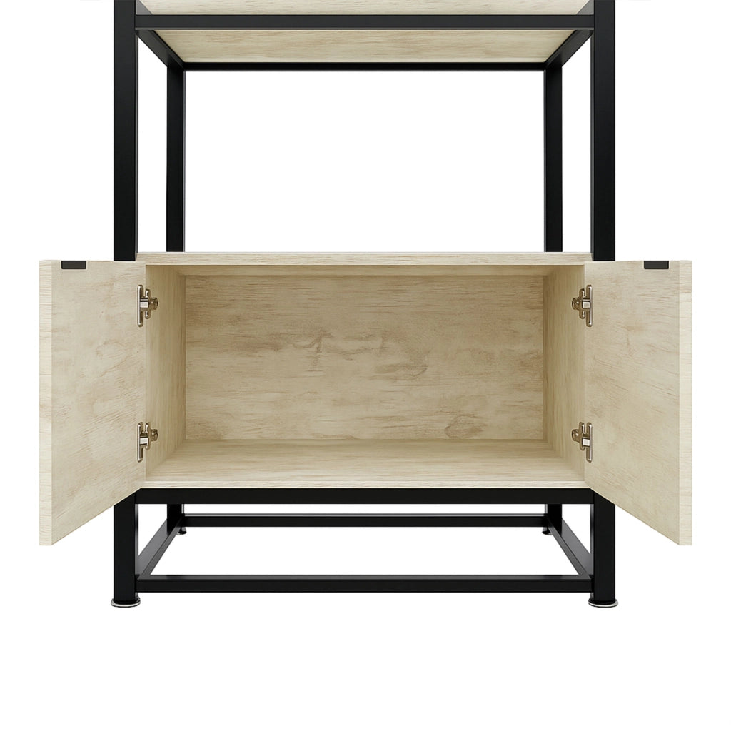 Edo - Scaffale Libreria a Muro 76x162,5x33,5 cm 3 Ripiani con Mobiletto 2 Ante in Legno Bleach Struttura in Metallo Nero