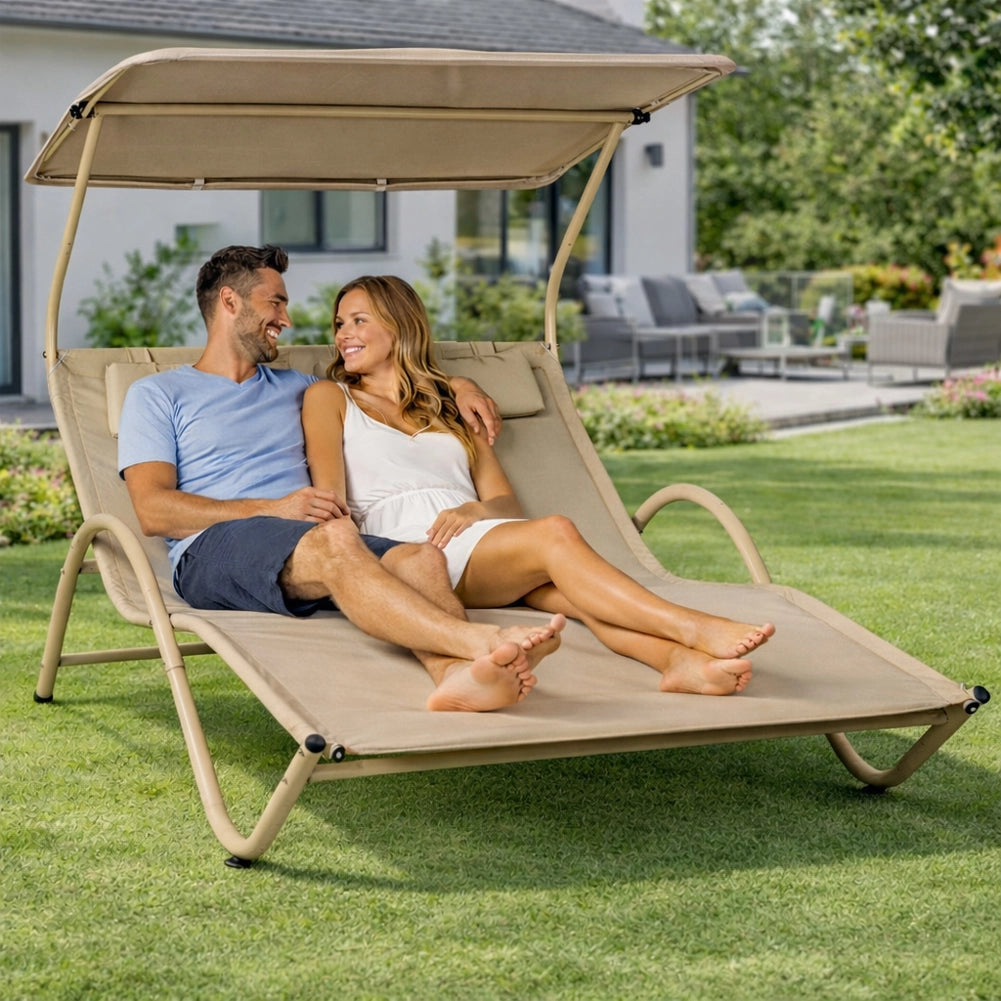 Lettino Lounge 2 Posti da Esterno Sabbia Tetto Parasole Anti UV Giardino Patio