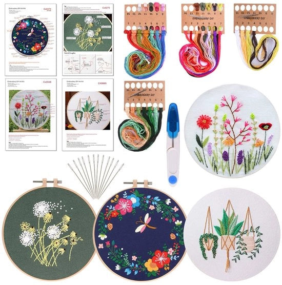 Kit di inizio per il punto croce - Incluso manuale e disegni - 4 set - Fili e uncini per la maglia - Hobby creativo per principianti.