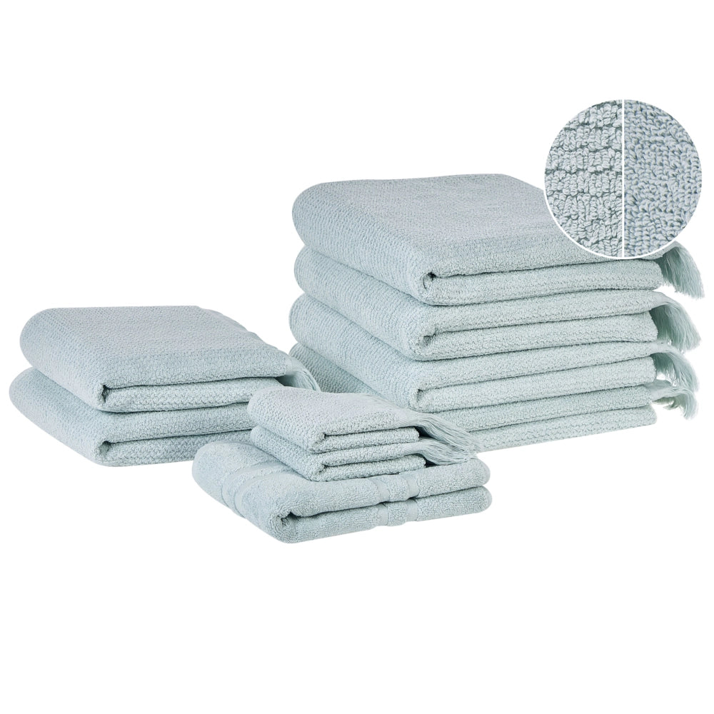 Set di 9 asciugamani bagno in spugna di cotone verde menta con nappe decorative
