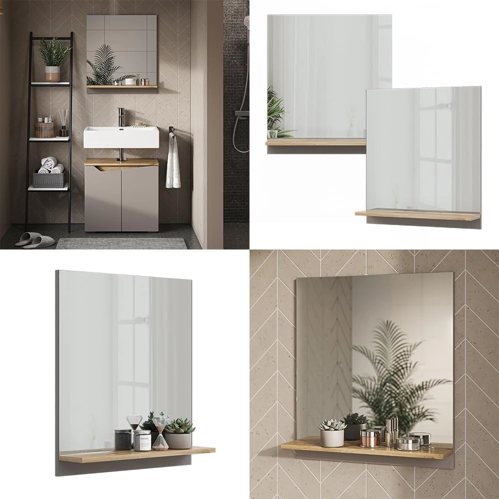 Specchio contenitore bagno Marelle, Grigio, 60 x 67 cm con ripiano, adatto per il montaggio a parete in ambienti umidi