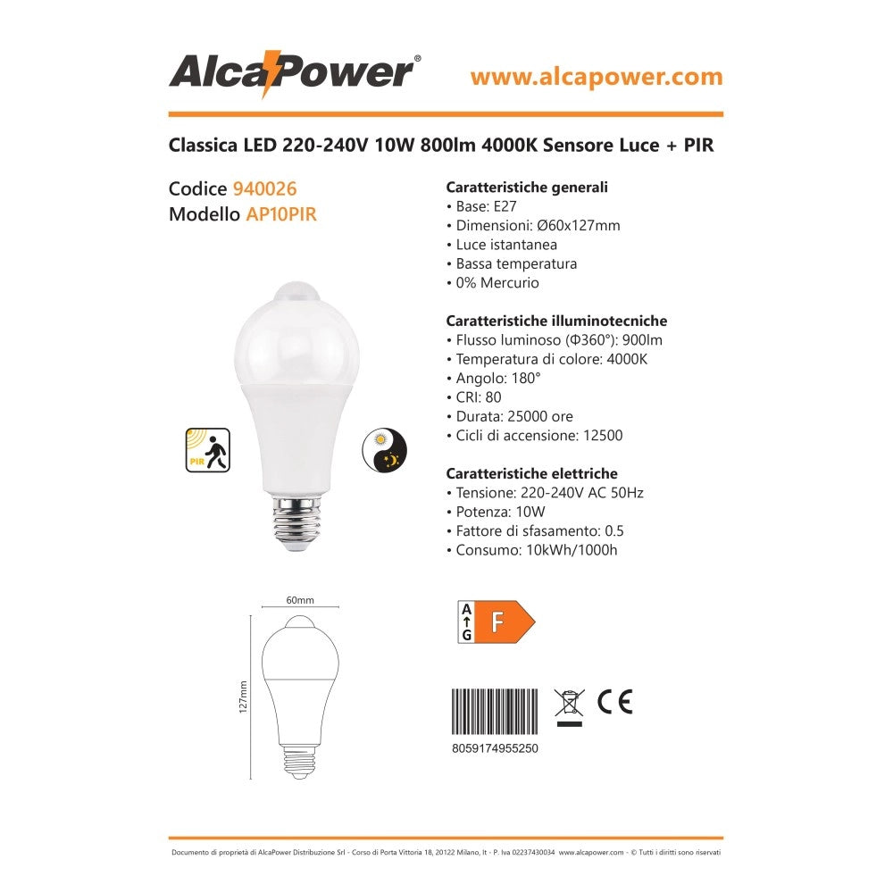Alca power a60 10w 220v 900lm 4000k e27 lampada classica a led pir