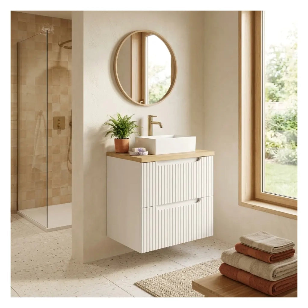 Set da bagno VANO bianco 50cm: mobile sottolavabo con cassetti scanalati + piano per lavabo effetto rovere chiaro