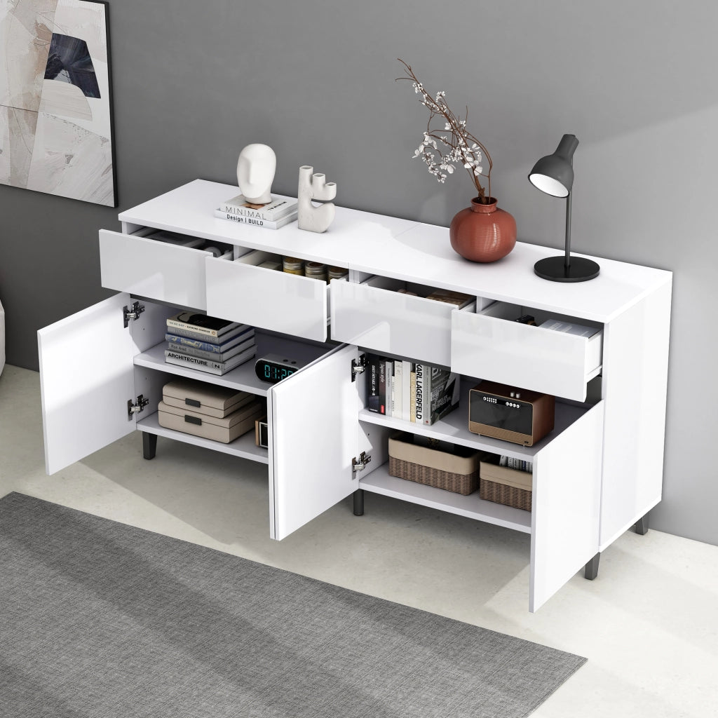 Credenza moderna lucida con 4 cassetti, 2 ante e ripiani regolabili per soggiorno e sala da pranzo in truciolato bianco 160 × 40 × 68 cm