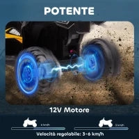 Quad Elettrico per Bambini 12V, 2 Velocità, Ruote Larghe con Clacson e Fari LED, Età 3-5 Anni, Giallo