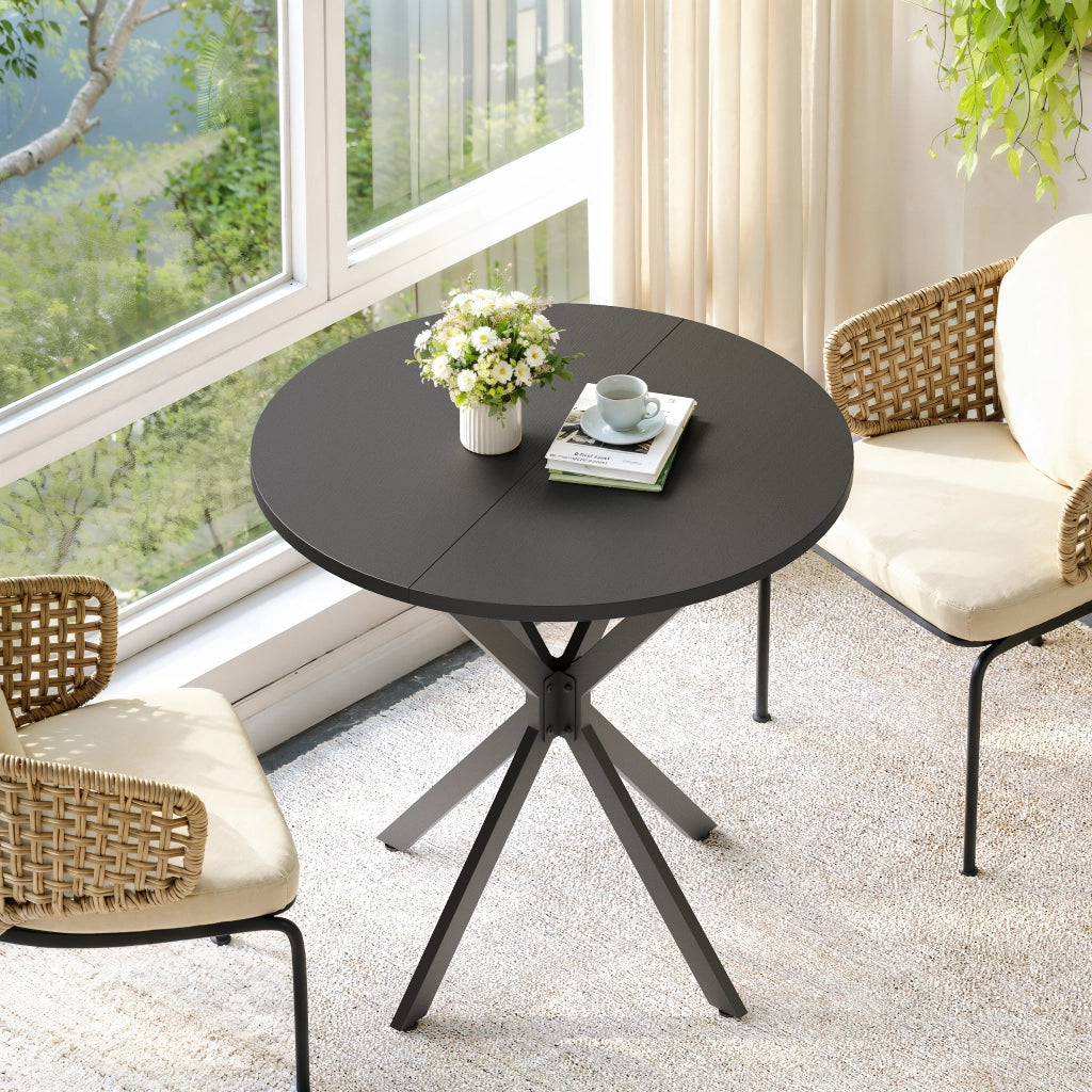 Tavolo da pranzo rotondo con gambe a X in ferro, piano nero, per cucina e home office, diametro 80 cm